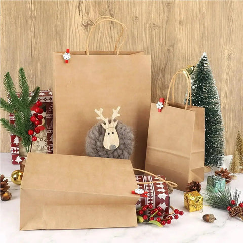 Brown Kraft Bags With Handles Pack Of 10 25 50 Durable Kraft Paper Bags, displayed on a festive table, 26x12x31cm