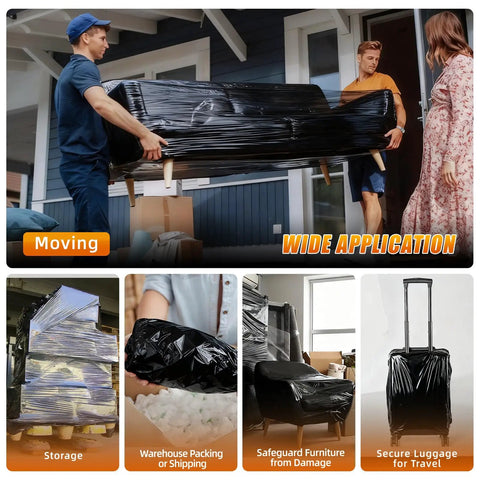 Heavy Duty Black Stretch Wrap 15 X 1000 Ft with 60 Gauge Tough As Nails Shrink Film used for moving sofa safely.