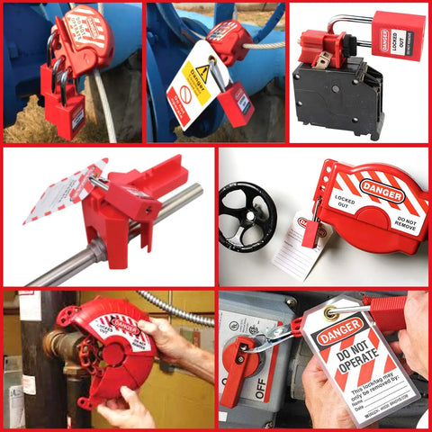 Lockout Tagout Kit With Top Notch Heavy Duty Padlocks Hasps Breakers And Valve LOTO Tools displayed with safety tags and locks