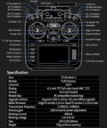 Diagram of TX16S Mark II ELRS Transmitter 16 Channel 2.4GHz Radio Controller with labels and specifications