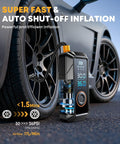 Portable Tire Inflator Air Compressor With Digital Pressure Gauge inflating car tire, shown beside tire displaying digital gauge.