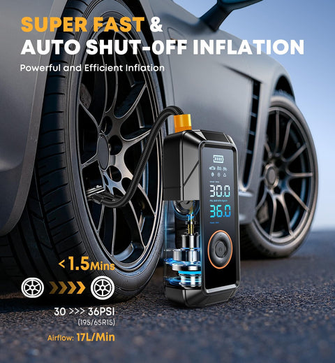 Portable Tire Inflator Air Compressor With Digital Pressure Gauge inflating car tire, shown beside tire displaying digital gauge.