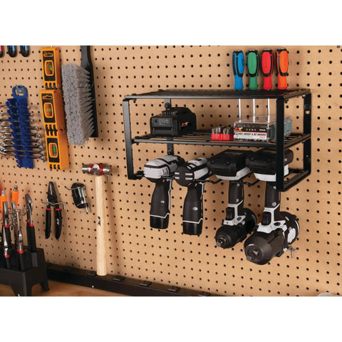 Kickin Heavy Duty 3 Tier 16 Inch Wall Mount Power Tool Organizer For Cordless Drills Batteries And Chargers in use