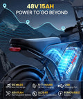 Side view of All Terrain Fat Tire Electric Bike For Adults With 1500W Peak Power, showing illuminated 48V 15Ah battery.