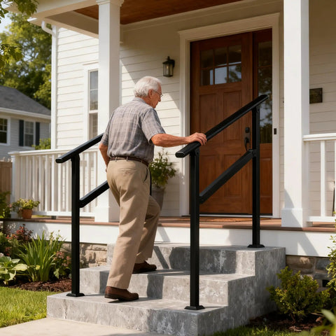 Heavy Duty Two Pack Galvanized Steel Handrails For Outdoor Steps Rust Resistant Black Round Safety Rails For Decks Patios, man using handrails on steps.