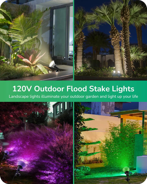 Outdoor 120V LED Flood Lights illuminating garden and palm trees with 180° adjustable heads and plug-in feature displayed.
