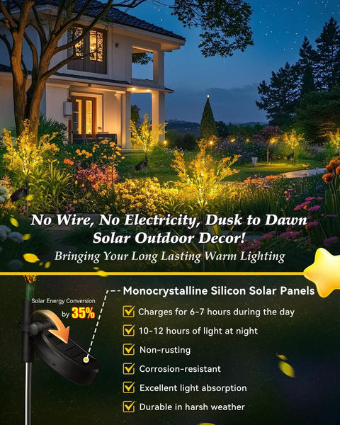 2-Pack Golden Solar Flower Lights Outdoor Waterproof with 7 Stems lighting up garden at night, house in background