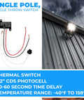 Weatherproof No Brainer Dusk To Dawn Photoelectric Sensor Switch for outdoor use, shown with wire connections and mounted light on building.