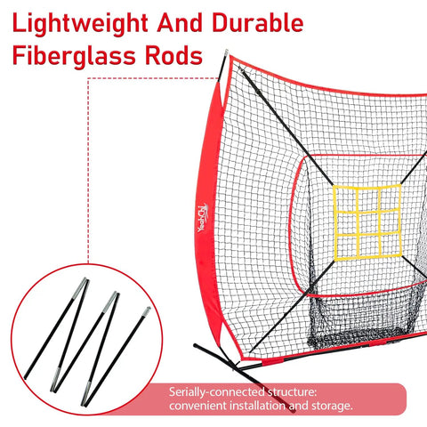 7x7 Ft Baseball And Softball Training Net With Adjustable Batting Tee Strike Zone Target Ground Stakes And Portable Hitting And Pitching Practice Set In Red