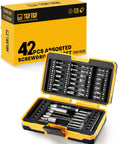 Heavy Duty S2 Steel Screwdriver Bit Set With Magnetic Drill Bits 42 Piece with yellow case, open showing contents.