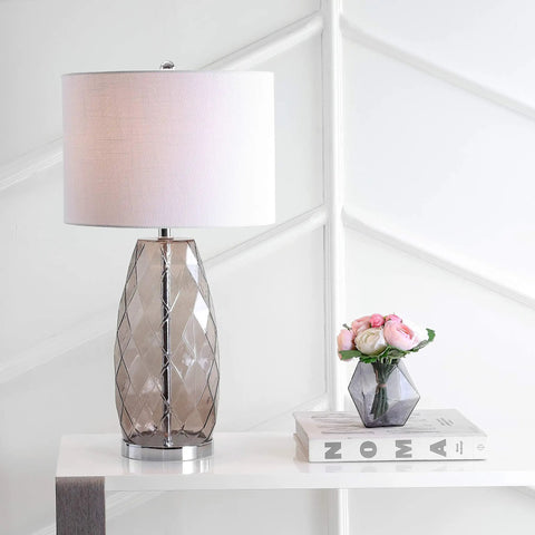 Smoked Gray Glass Table Lamp With Modern Faceted Design, White Linen Drum Shade, Chrome Base, 26.5 Inch Tall, LED Bulb Included, Perfect Bedroom Nightstand Or Living Room Accent Light