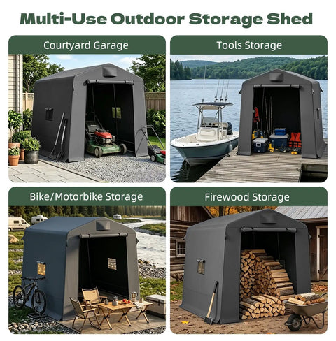 Heavy Duty 7x6x6 Ft Outdoor Storage Shed Portable Shelter with double zippered doors, tools and bikes stored inside, dark gray.