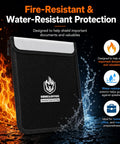 Close-up of black fireproof document bag showing fire and water resistance, 4 Pack Fireproof Document Bags Waterproof Safe Organizer Set With Legal Size 15x11 And A4 And Letter Size 12.7x9.8 For Home Office Travel Up To 5200F text
