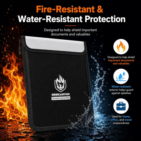 Close-up of black fireproof document bag showing fire and water resistance, 4 Pack Fireproof Document Bags Waterproof Safe Organizer Set With Legal Size 15x11 And A4 And Letter Size 12.7x9.8 For Home Office Travel Up To 5200F text