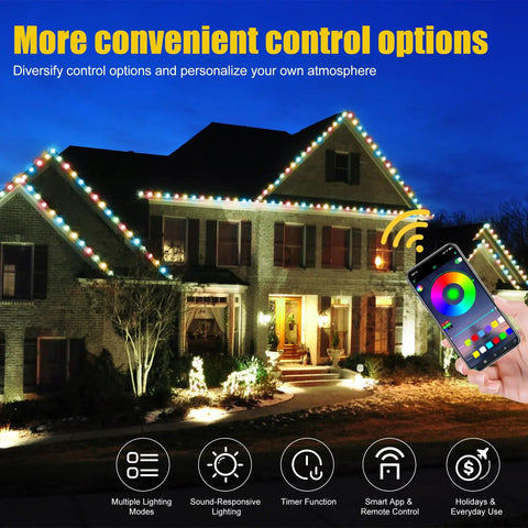 150 Ft 2-In-1 Eaves And Ground LED String Lights With App And Remote Control on house roof, outdoor RGB lighting