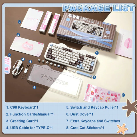 Wireless 98 Key Mechanical Keyboard Offering A Super Cute Cake Inspired Design With Dedicated Numpad Choco Candy Switches Compact Form Factor setup items displayed.