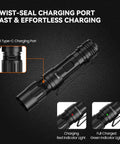 M70 EDC Flashlight 1100 Lumens USB C Rechargeable Pocket Light with Clip showing twist-seal USB-C charging port