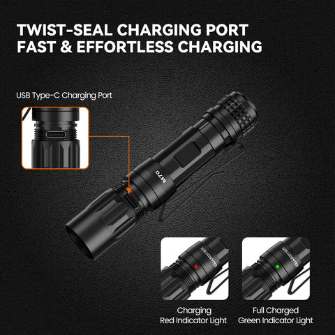 M70 EDC Flashlight 1100 Lumens USB C Rechargeable Pocket Light with Clip showing twist-seal USB-C charging port
