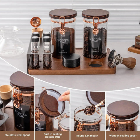 Keep Your Beans Locked Away In This Coffee Canister Set With Two Sealed Glass Jars With One Way Degassing Valves And Dark Blocking Lids Includes Four Dosing Tubes Measuring Spoon Funnel And Sturdy Rack For Your Daily Grind Routine.