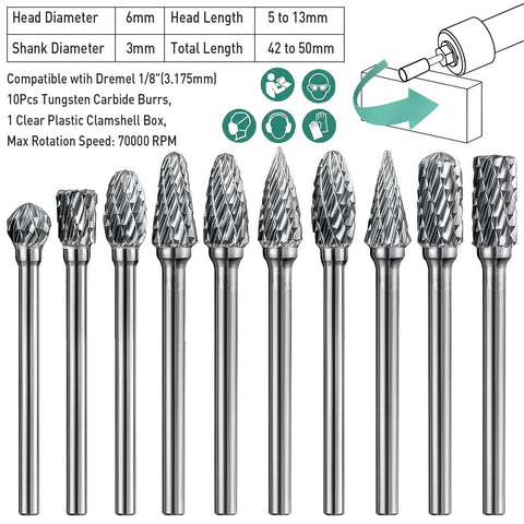 Carbide burr set with 1/8 in shank, 10 pcs, tungsten carbide, Dremel-compatible, assorted shapes