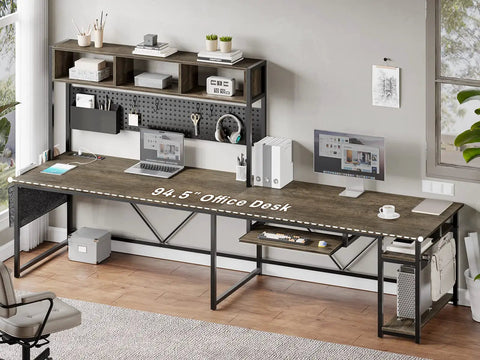 L Shaped Desk With Power Outlet And LED Lights, 94.5 Inch Home Office Desk With Keyboard Tray, Pegboard, and Storage Shelves