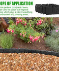 Landscape with No Dig Garden Edging Border With Landscape Anchoring Spikes Black Stone Effect Plastic Lawn Edging in flower bed.