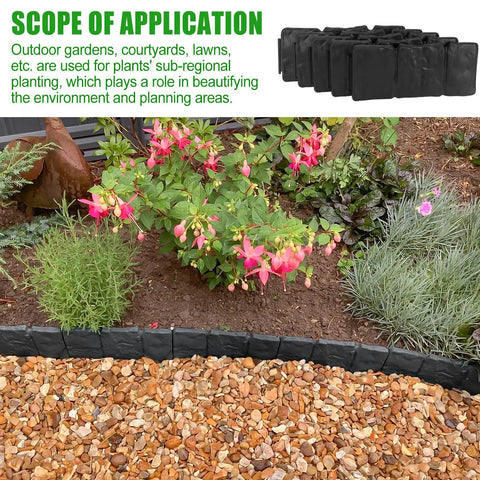 Landscape with No Dig Garden Edging Border With Landscape Anchoring Spikes Black Stone Effect Plastic Lawn Edging in flower bed.
