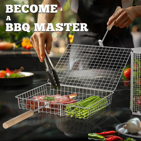 Removable Wooden Handle Grill Basket Set With 304 Stainless Steel Rolling BBQ Tools for vegetables and fish on grill