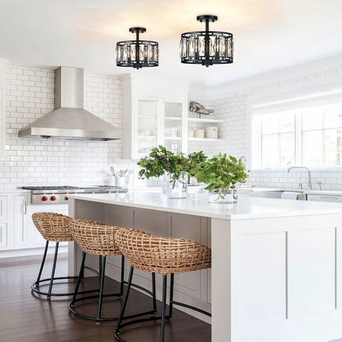Modern Crystal Semi Flush Mount Black Ceiling Light With Three Lights For Dining Room Bedroom Kitchen Island Hallway Entryway Close To Ceiling That Delivers Sparkling Transparent Crystals And A Bold Glam Glow