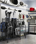 Extra Large Garage Golf Bag Organizer Stand With Rolling Wheels And Shelves For Two Golf Bags in garage setting