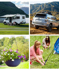 Grid image showing RV with awning, SUV with roof rack, hanging flower basket, and kayaks secured with heavy duty kayak tie down straps.