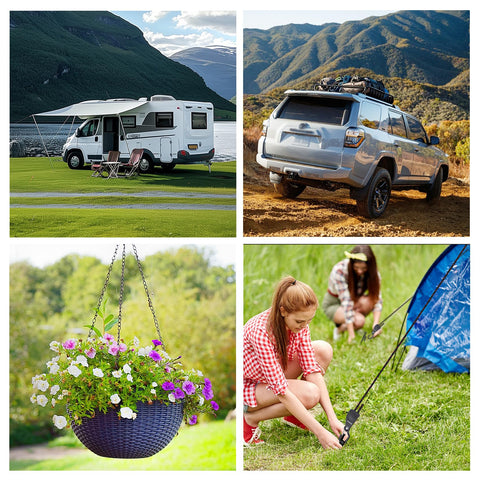 Grid image showing RV with awning, SUV with roof rack, hanging flower basket, and kayaks secured with heavy duty kayak tie down straps.