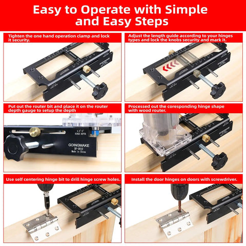 Sturdy Door Hinge Jig And Wood Router Template Kit Featuring A Rock Solid One Hand Clamp For No Fuss Mortise Cutting Adjustable Aluminum Build Locks Snug On 2.5 To 5 Inch Sizing steps for easy mortise cutting and hinge installation.