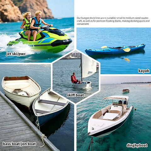 Various watercraft suitable for Dock Line For Shore Docking With Bungee Mooring Rope Double Loop Ends For Kayak And Dinghy 6 Ft Tie Up Rope.