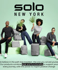 People with green leaves and Solo New York bags, promoting the 49L rolling travel duffle bag