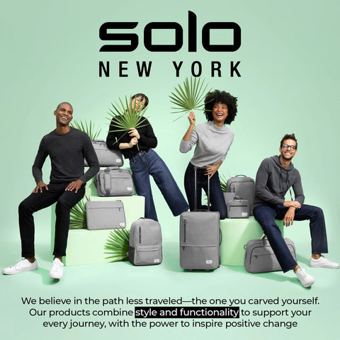 People with green leaves and Solo New York bags, promoting the 49L rolling travel duffle bag