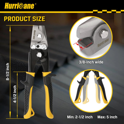 Hurricane snap lock punch tool with yellow-black grips; 3/8-inch wide jaw for gutter end caps