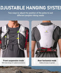 Front and back view of 5L hydration running vest with dual 500ml soft flasks, lightweight nylon pack, adjustable chest straps, unisex fit