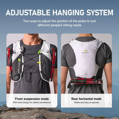 Front and back view of 5L hydration running vest with dual 500ml soft flasks, lightweight nylon pack, adjustable chest straps, unisex fit