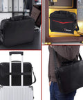 Fireproof Document Bag With Lock And Money Bag For On The Go Travel, Water Resistant Fire Safe File Organizer in black, shown in various uses.
