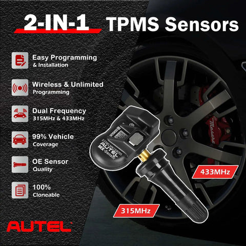 MX Sensor TPMS Sensor Set Of 20 Programmable OE Level 315MHz And 433MHz Press In 2 In 1 For Tire Pressure Monitoring System With Wireless Programming Compatibility TS508 TS608, 2-in-1 sensor on wheel