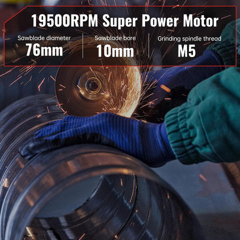 Ultra Fast Mini Cordless Angle Grinder 19500 RPM With Dual Batteries cutting metal pipe with sparks flying