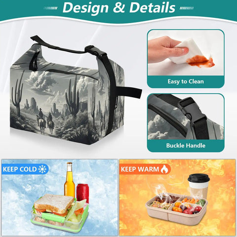 Cowboy Desert Inspired Insulated Lunch Bag With Horse Ride Design Large Capacity Leakproof Reusable Lunch Tote details