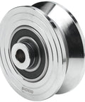 Heavy Duty 4 Inch V-Groove Gate Wheel, Solid Chrome Plated Steel Track Wheel for Sliding Gates, 1/2 Inch Bore close-up