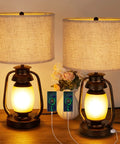 Set Of 2 Farmhouse Table Lamps With Dual USB Charging Ports And 4 Way Rotary Switch, Rustic Metal Nightstand Lights, Beige Linen Lampshades
