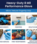 Heavy Duty Disposable Nitrile Gloves With Kickass Textured Grip, 8 Mil Latex Free Powder Free, Perfect For Medical Exam Cleanroom Lab Or Industrial Tasks, Case Of 1000, Large, Blue used in mechanics, painting, healthcare, food service, and industrial tasks.