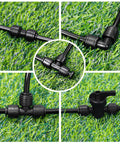 One Quarter Inch Drip Irrigation Fittings Kit With Push To Fit Connectors on lawn, showcasing tees, elbows, and valves.