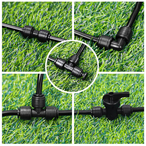 One Quarter Inch Drip Irrigation Fittings Kit With Push To Fit Connectors on lawn, showcasing tees, elbows, and valves.