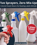 Shop Grade Drip Proof Spray Trigger Heads 5 Pack Chemical Resistant Refills For Auto Detailing Car Wash Window Cleaning And Janitorial Bulletproof Heavy Duty Nozzles, colored spray heads displayed.