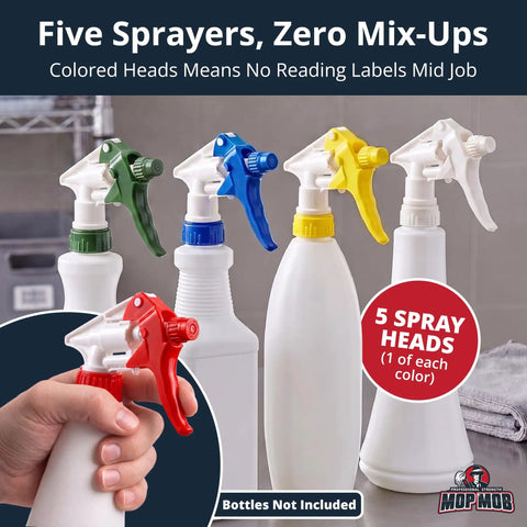 Shop Grade Drip Proof Spray Trigger Heads 5 Pack Chemical Resistant Refills For Auto Detailing Car Wash Window Cleaning And Janitorial Bulletproof Heavy Duty Nozzles, colored spray heads displayed.